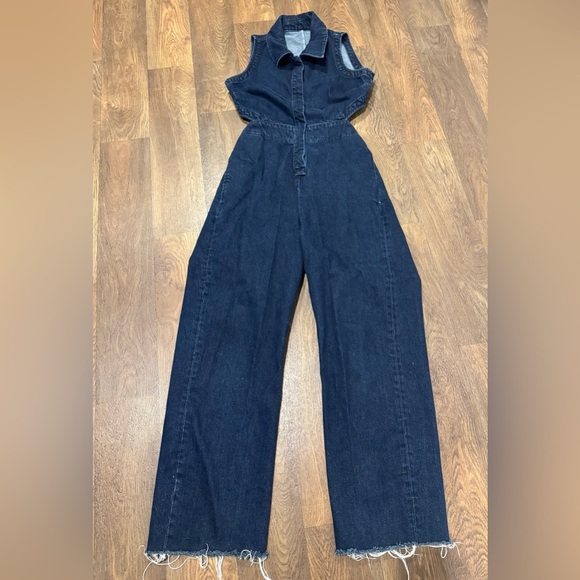 ASOS Back Cutout Dark Wash Blue Denim Jumpsuit Collared Sleeveless size 10 - Picture 4 of 16
